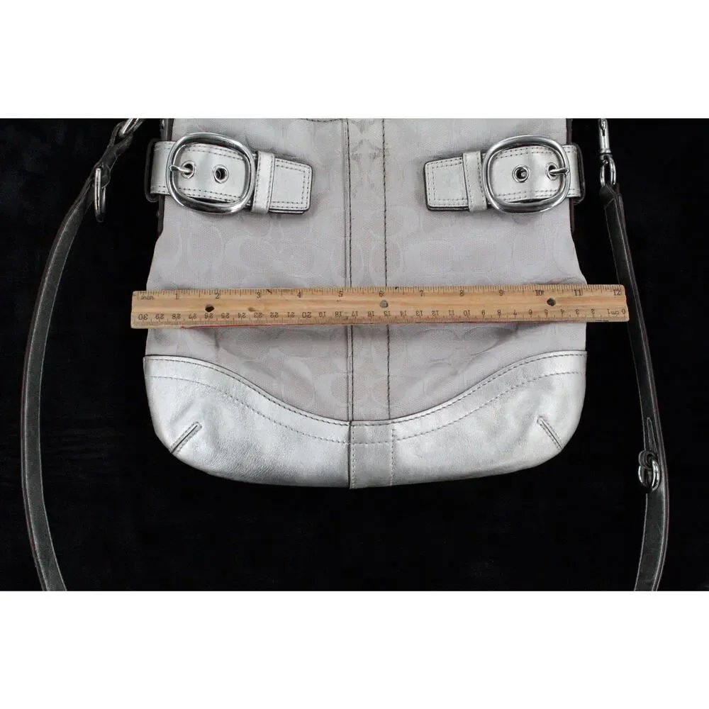 Coach Signature Jacquard Canvas Leather Shoulder Bag F17088 Buckle Silver Y2K